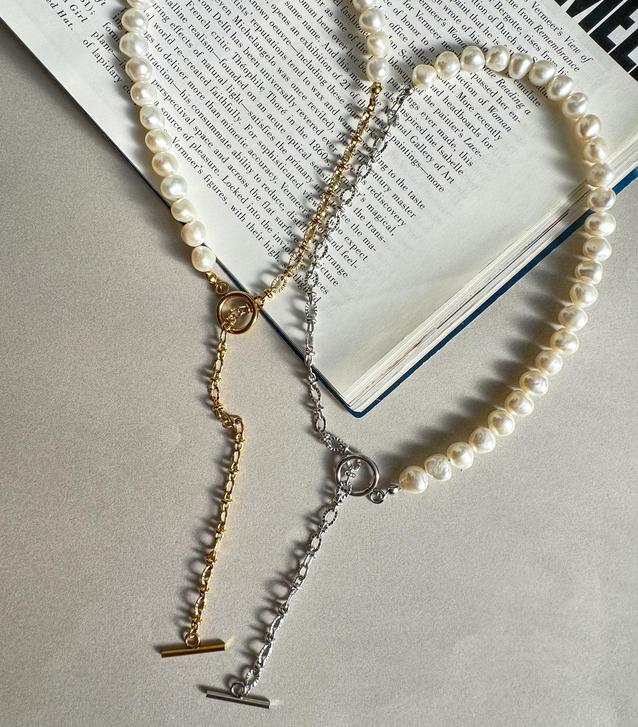 4way 淡水パール × Sunburst Link Chain マンテルネックレス｜7-8mm｜ステンレス製｜2色