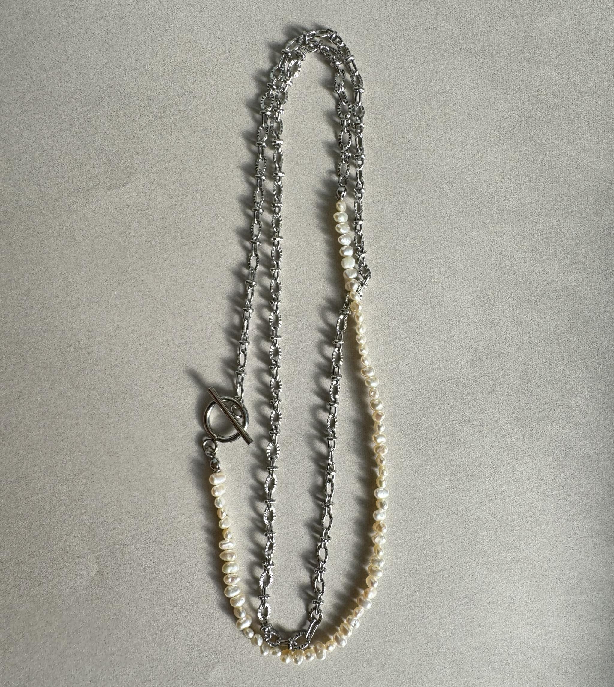 80cm 3mm淡水パール × Sunburst Link Chain ロングネックレス｜マルチスタイル｜2color | 2枚目