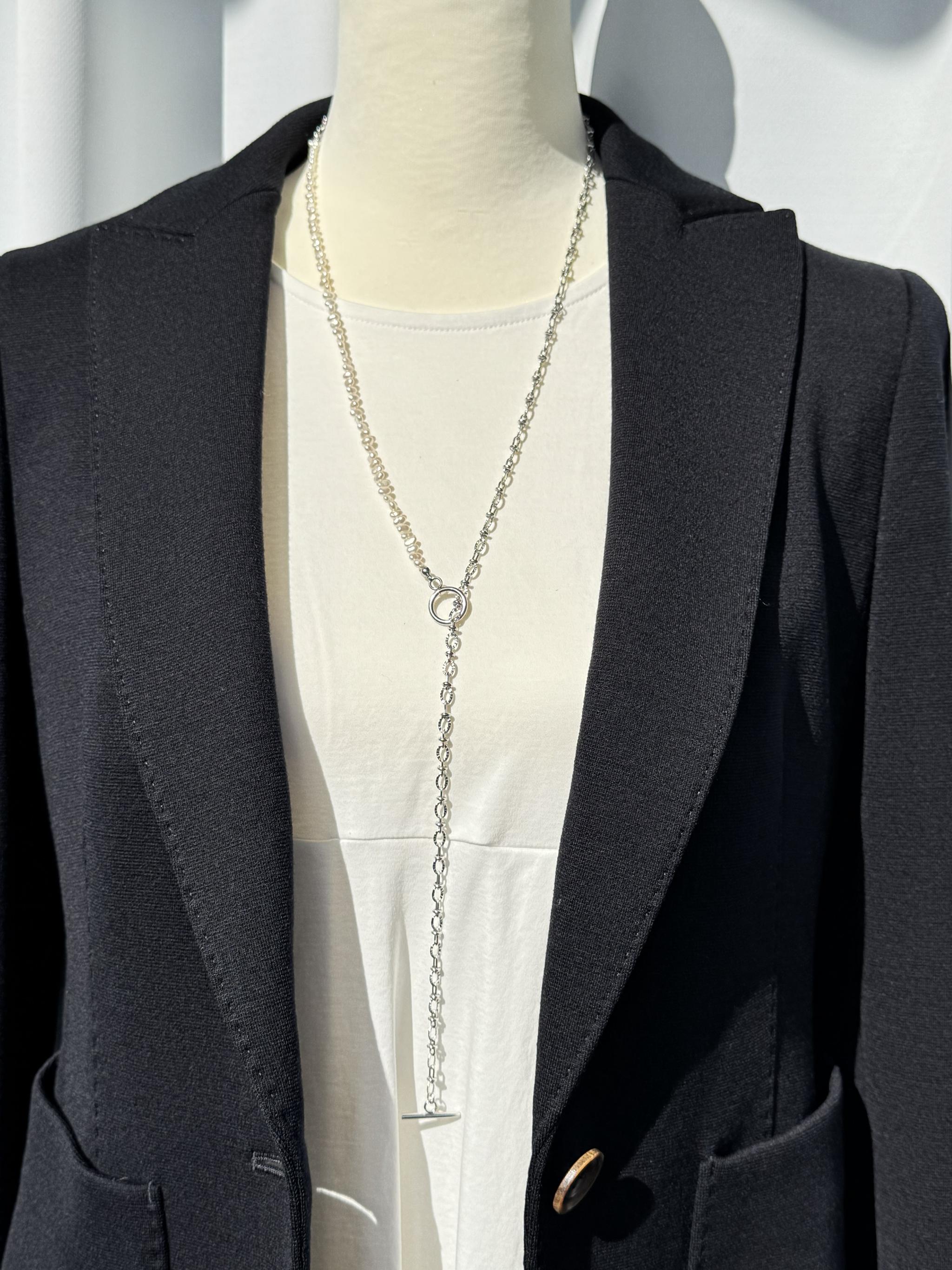 80cm 3mm淡水パール × Sunburst Link Chain ロングネックレス｜マルチスタイル｜2color | 5枚目