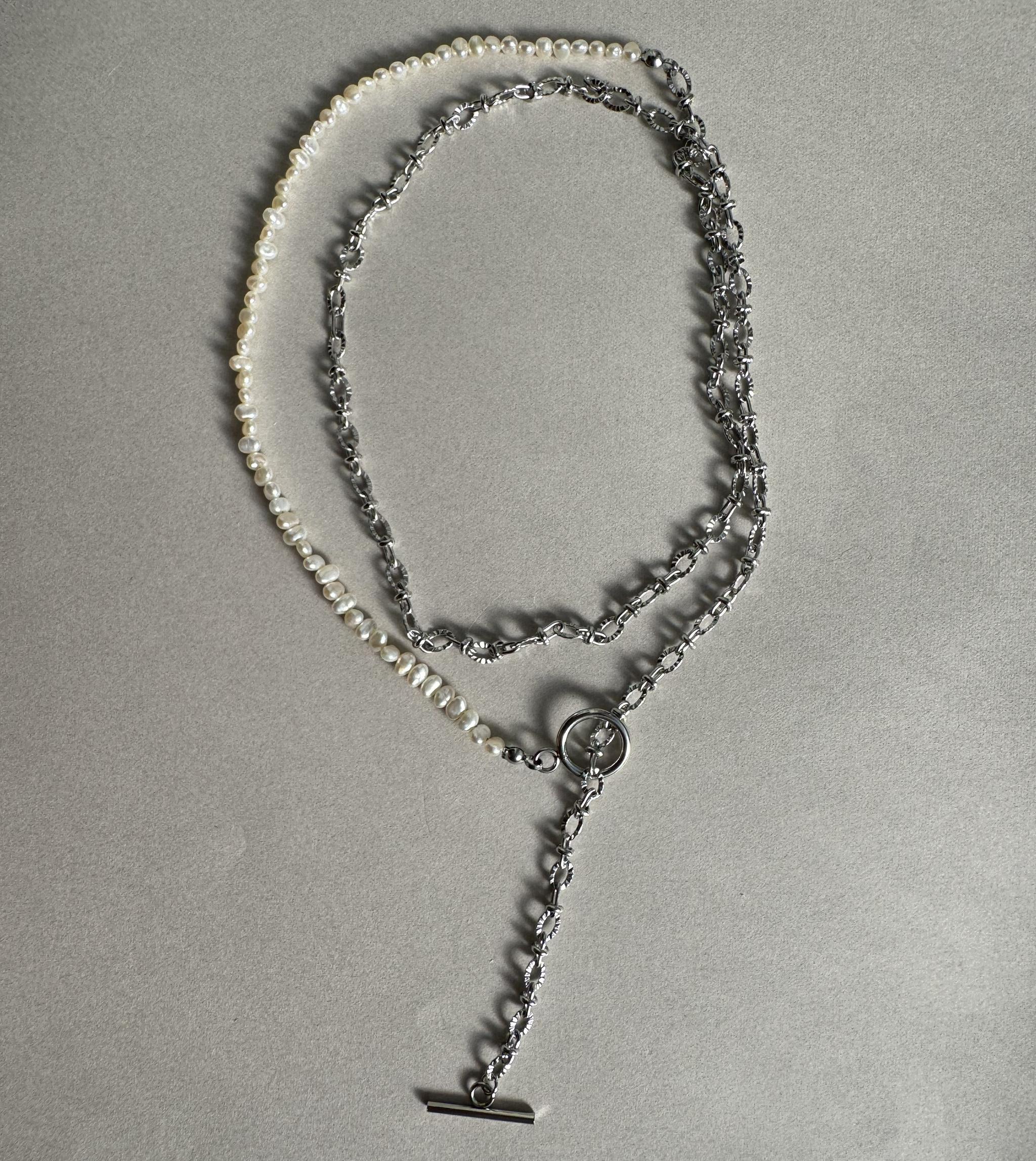 80cm 3mm淡水パール × Sunburst Link Chain ロングネックレス｜マルチスタイル｜2color | 9枚目