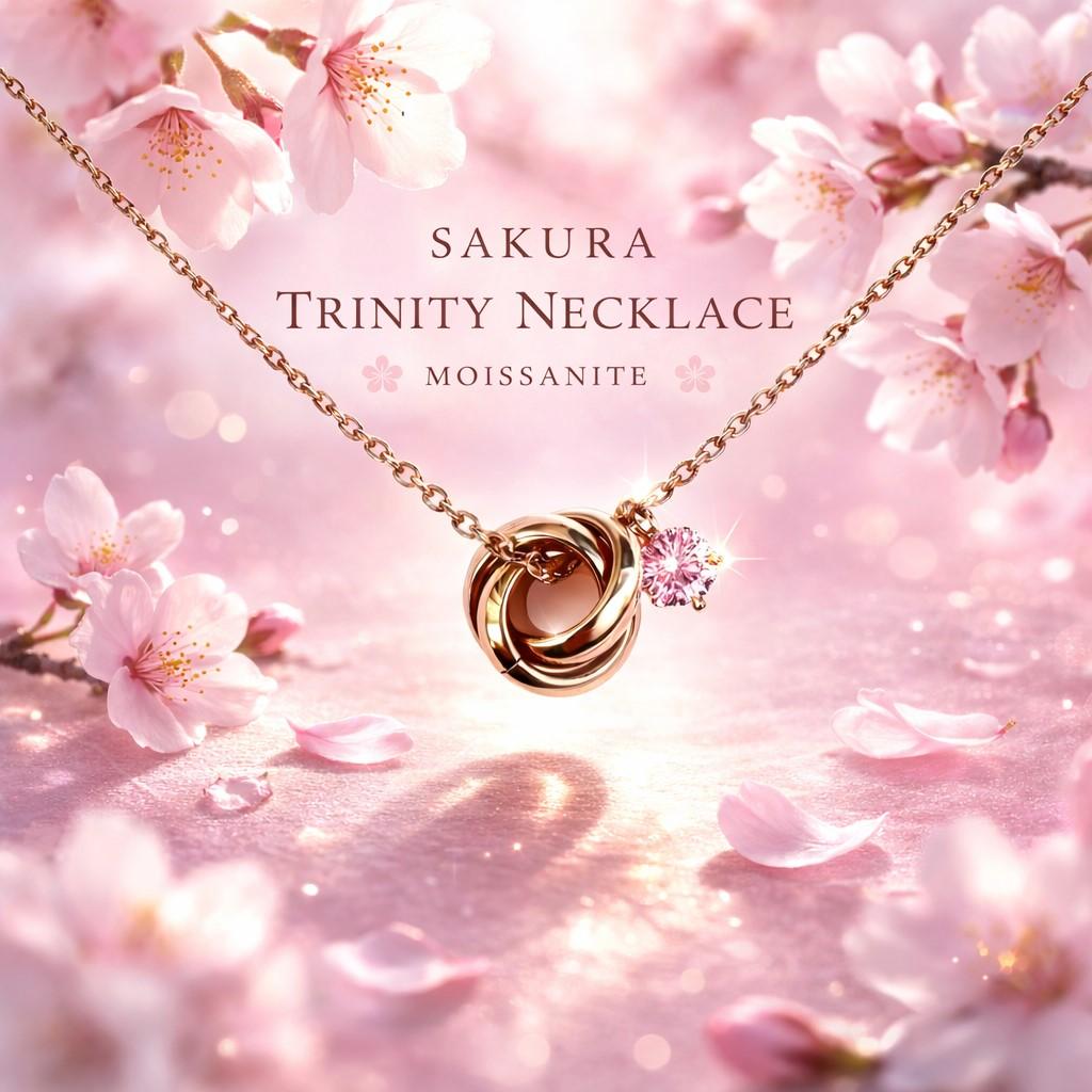 Sakura Trinity Necklace サクラピンクモアサナイト × トリニティリング 金属アレルギー / 4色 | 2枚目