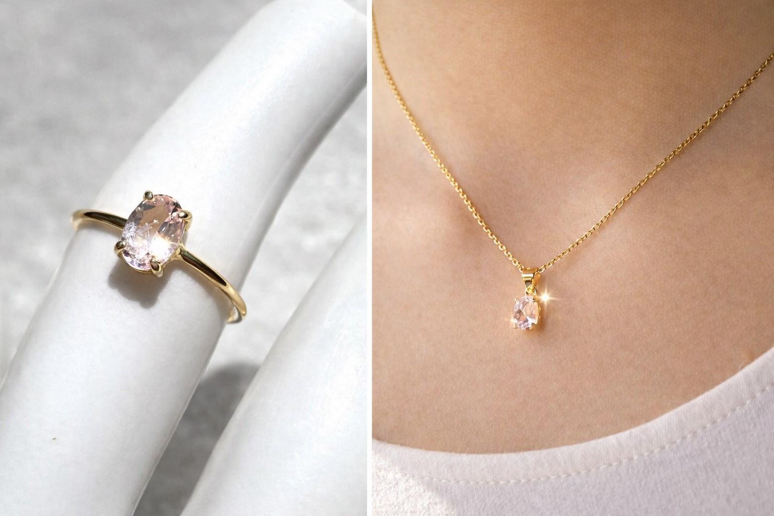 桜色モルガナイト ネックレス＆リングセット｜6×4mm｜モザンビーク産｜春限定2点｜K18ゴールドコーティング