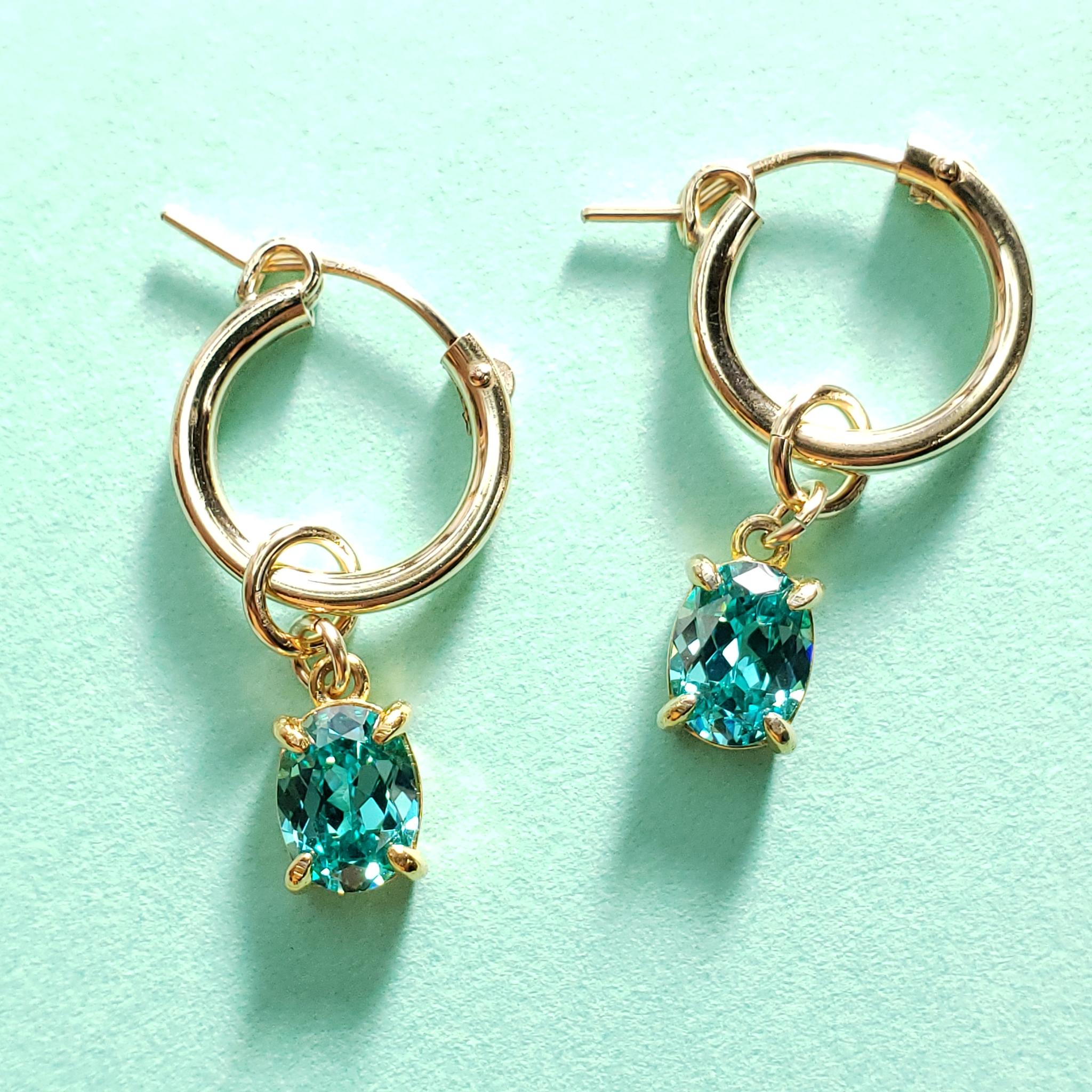 14Kgf　フープピアス　パライバトルマリン　人工宝石　オーバル　8ｘ6mm　ブラジル産天然トルマリン粉末混ルース