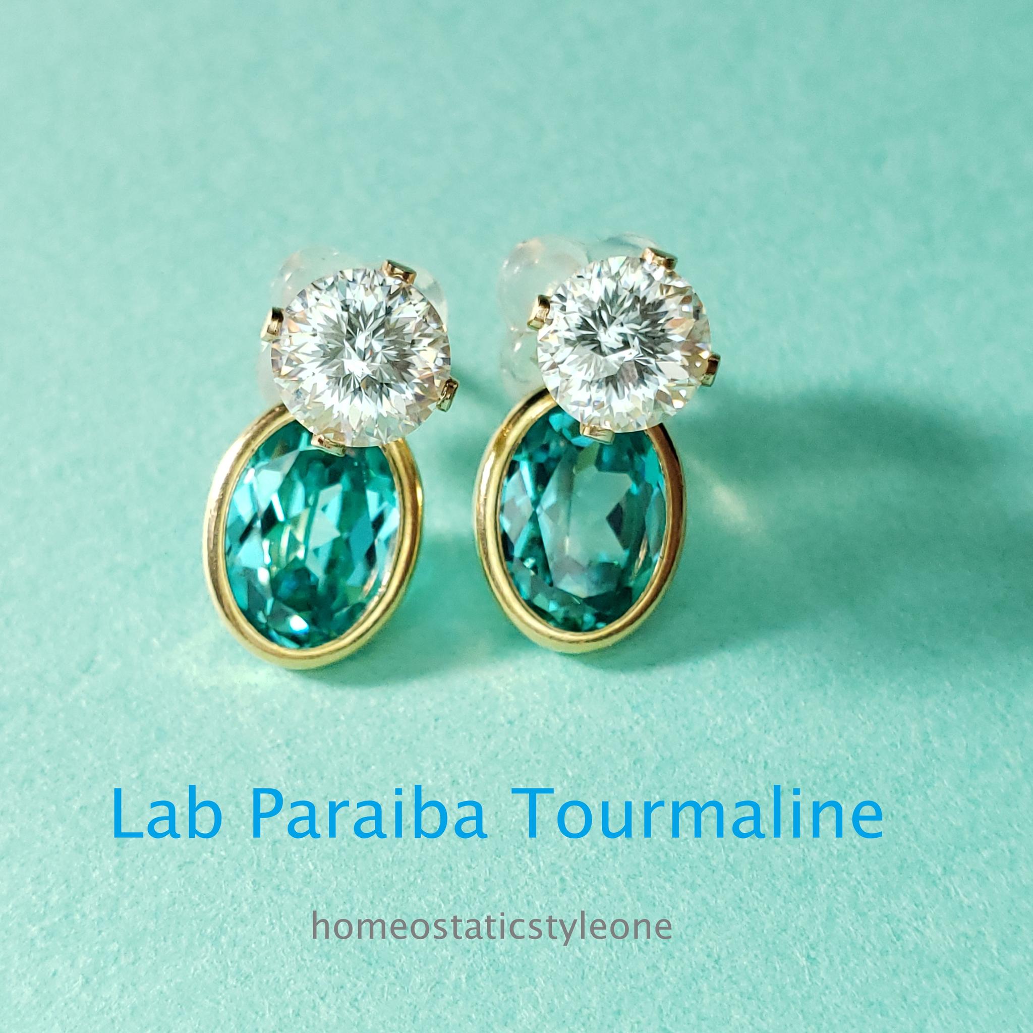 2Way スタッドピアス 14Kgf パライバトルマリン人工宝石チャーム　フワっと煌めきエンペラーカット　モアサナイト