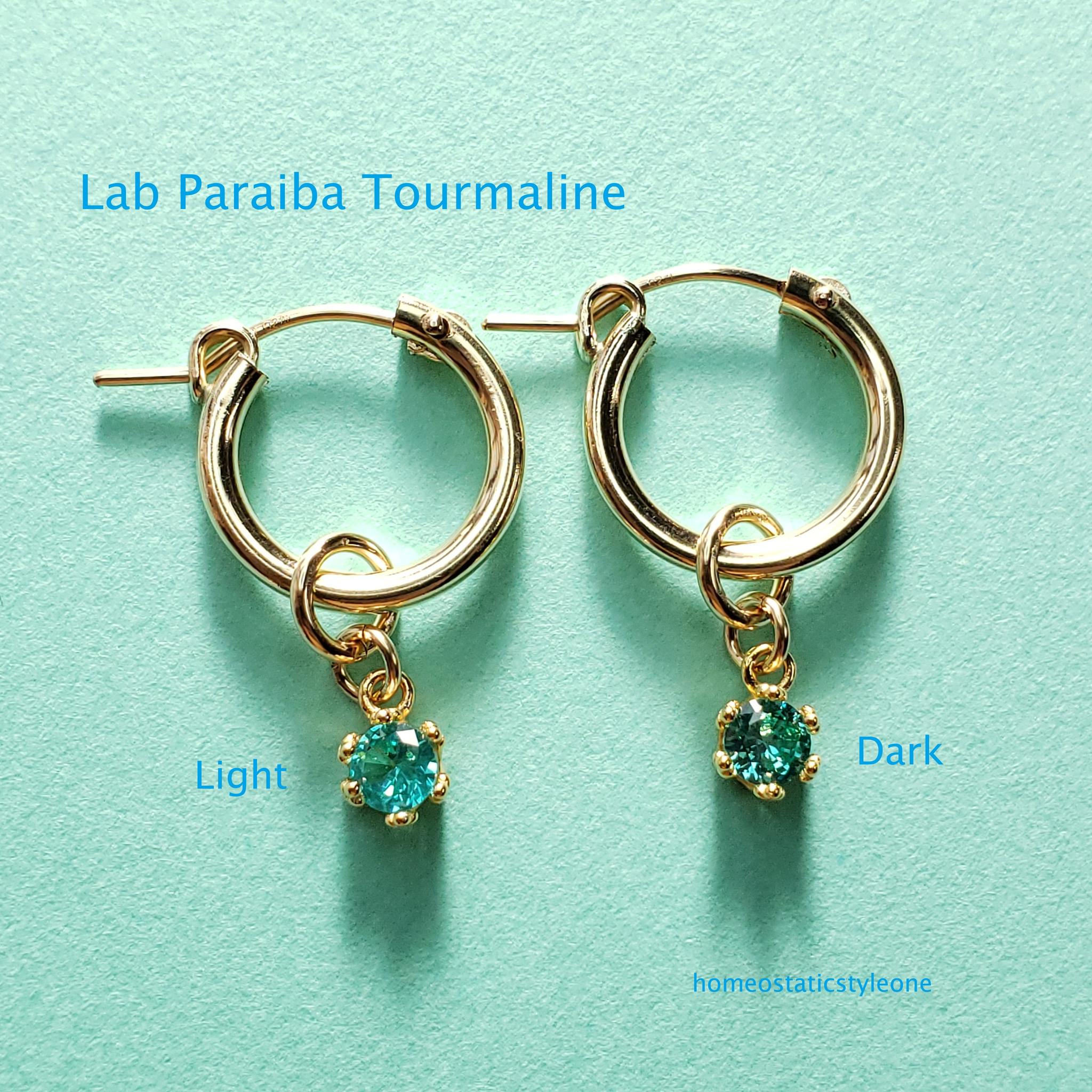 14Kgf　フープピアス　パライバトルマリン　人工宝石　ラウンド　4mm　ブラジル産天然トルマリン粉末混ルース+1