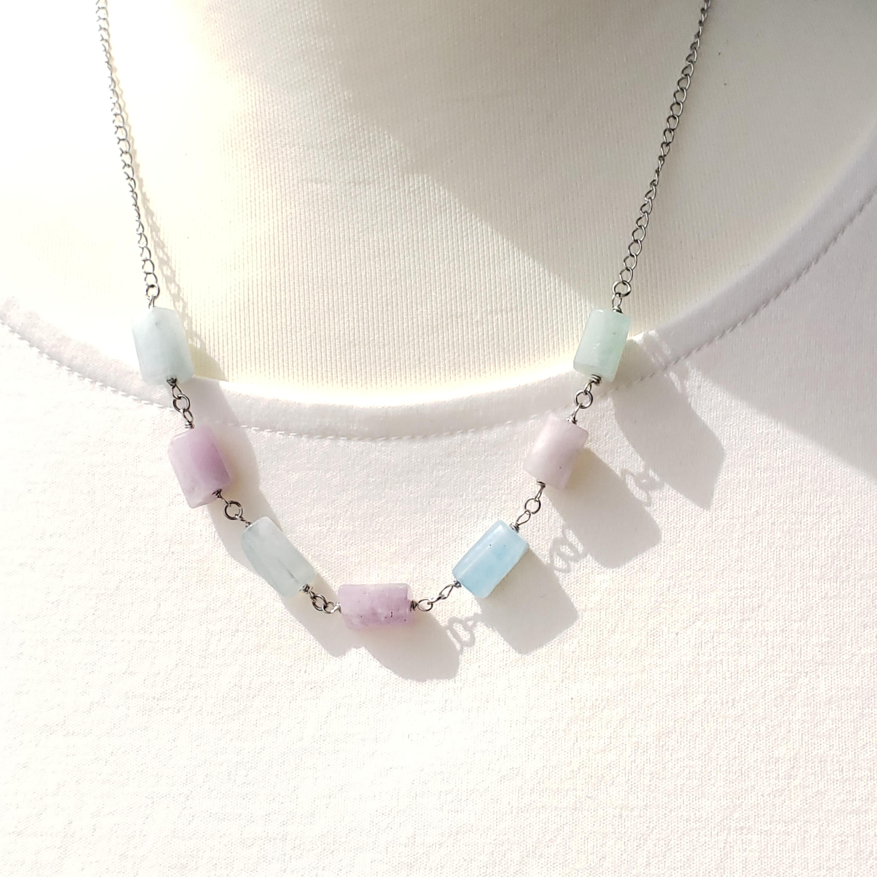 Happy Pastel **// チューブストーンネックレス　アクアマリン＆クンツァイト　サージカルステンレス