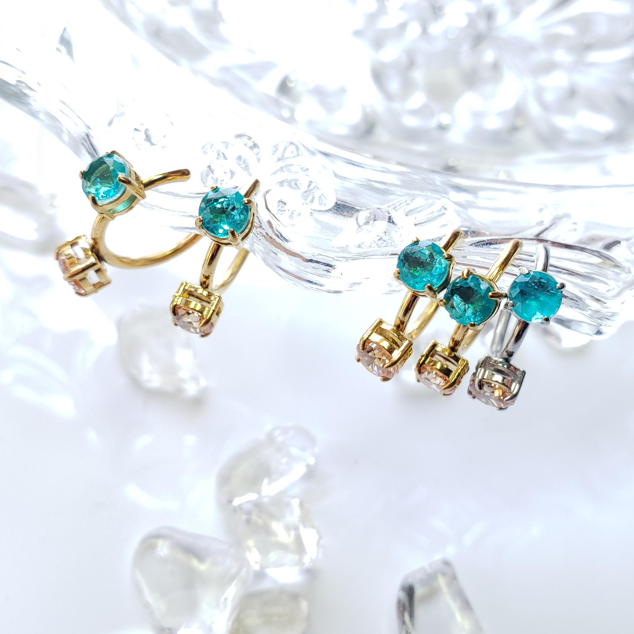 パライバトルマリン　人工宝石　イヤーカフ　SUS316L シャンパンカラーダイヤモンドCZ  ◇Joao Pessoa1枚目の画像