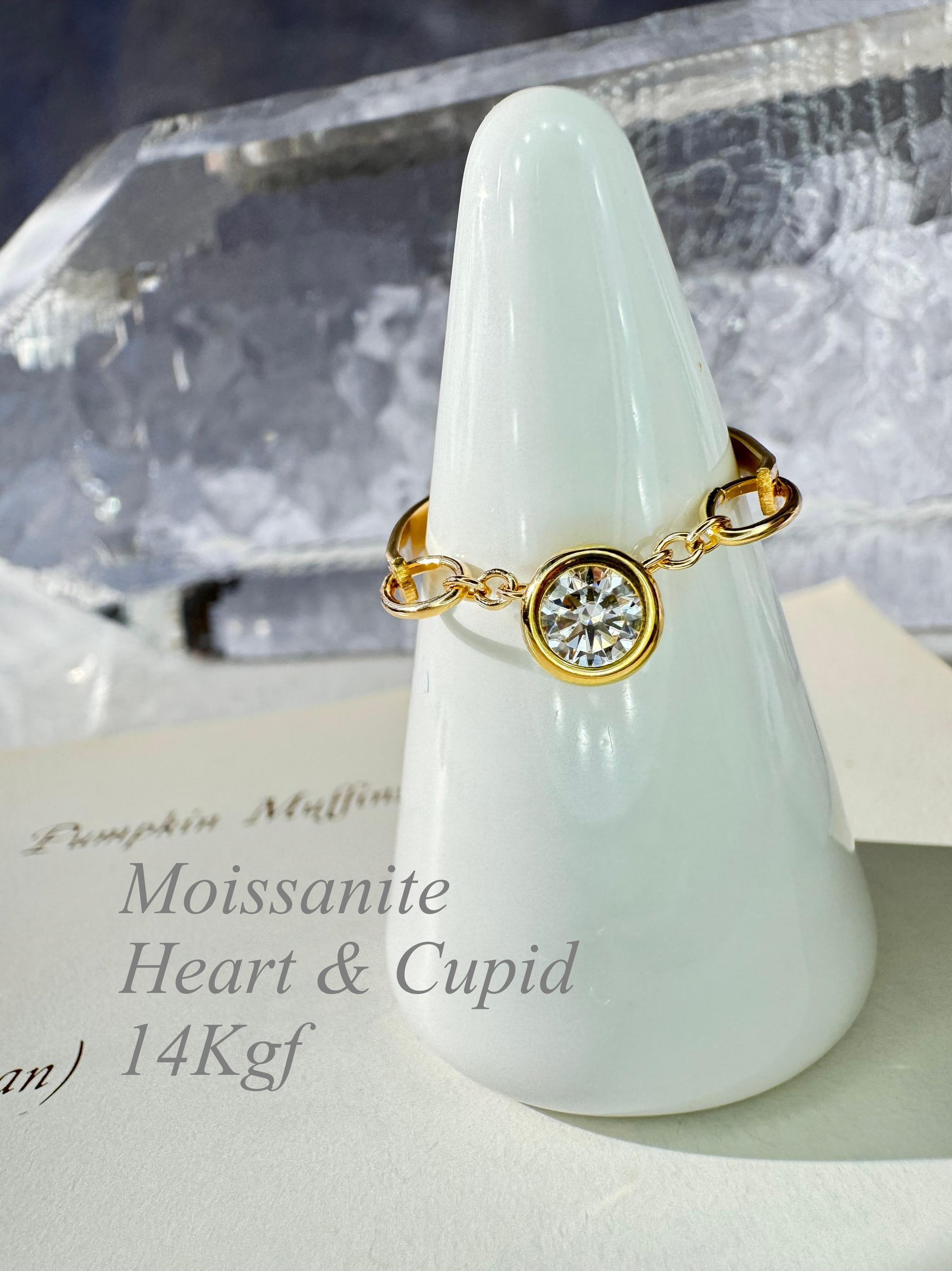 Forever Glow｜ハート＆キューピッド モアサナイト チェーンリング｜14KGF・サイズ指定｜願い叶う一粒の輝き