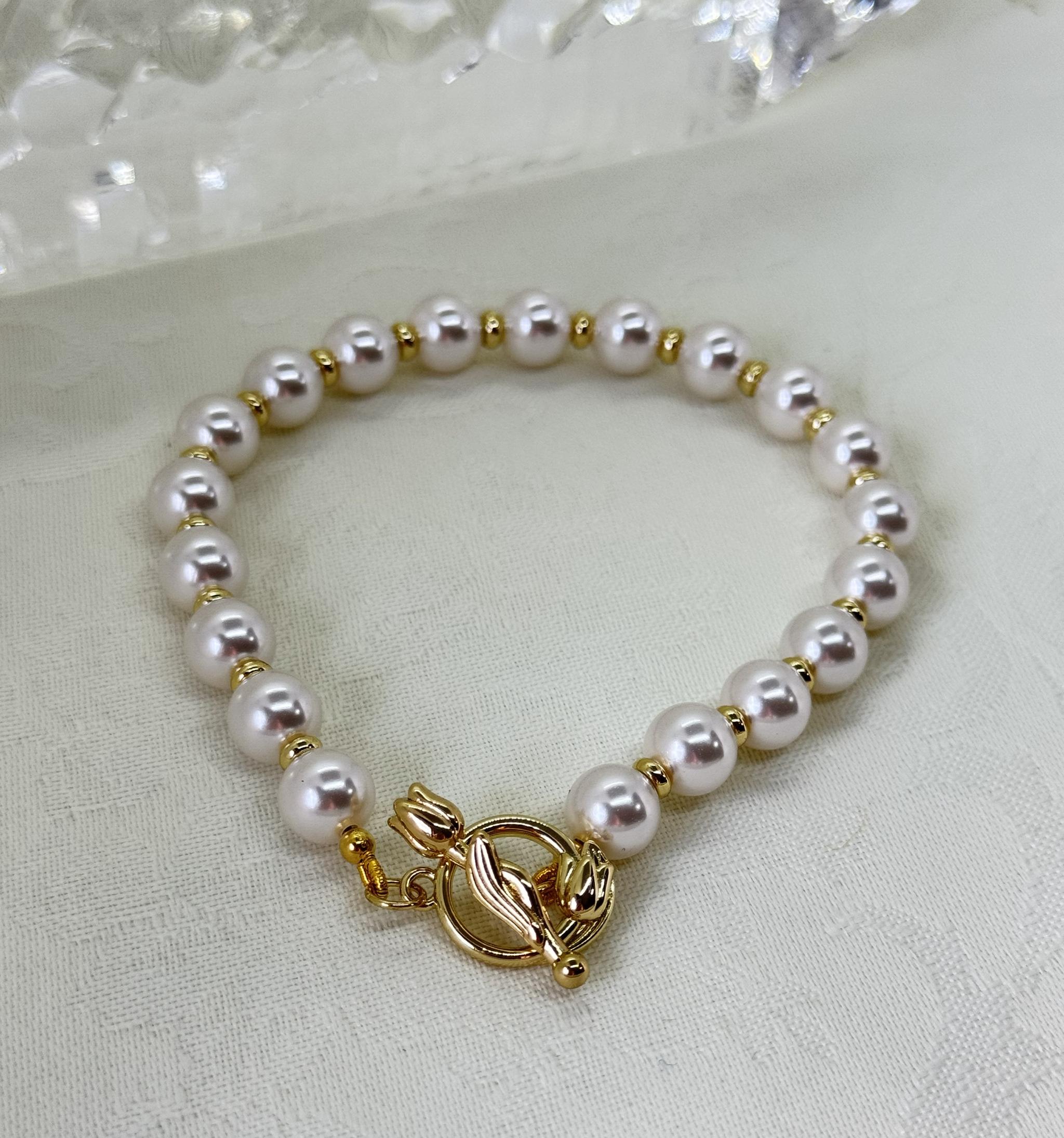 スワロフスキーパール 8mm チューリップマンテル ブレスレット ― アレルギー対応 ゴールドコーティング ―