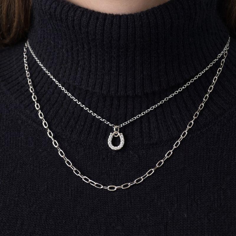 シルバーカラーネックレス 2点セット 馬蹄ネックレス × サージカルステンレス オーバルチェーン 重ね付けスタイル