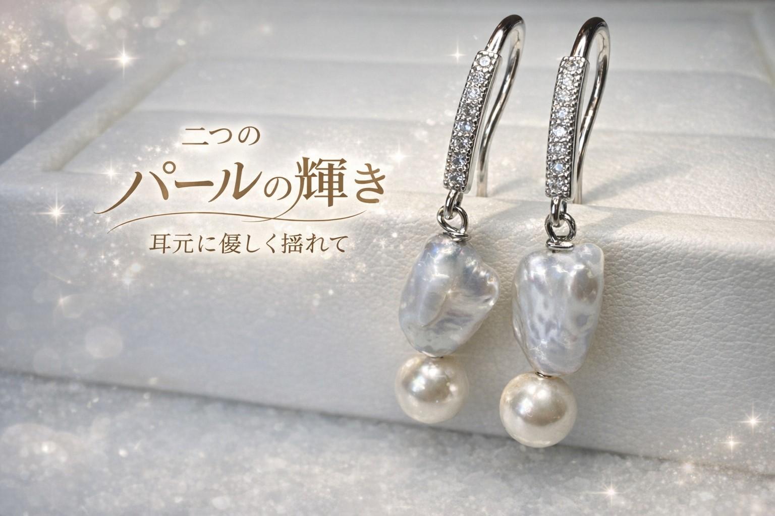 【Naturel Bijou】双子パール ピアス ケシパール × シェルパール SV925 ロジウムコーティング