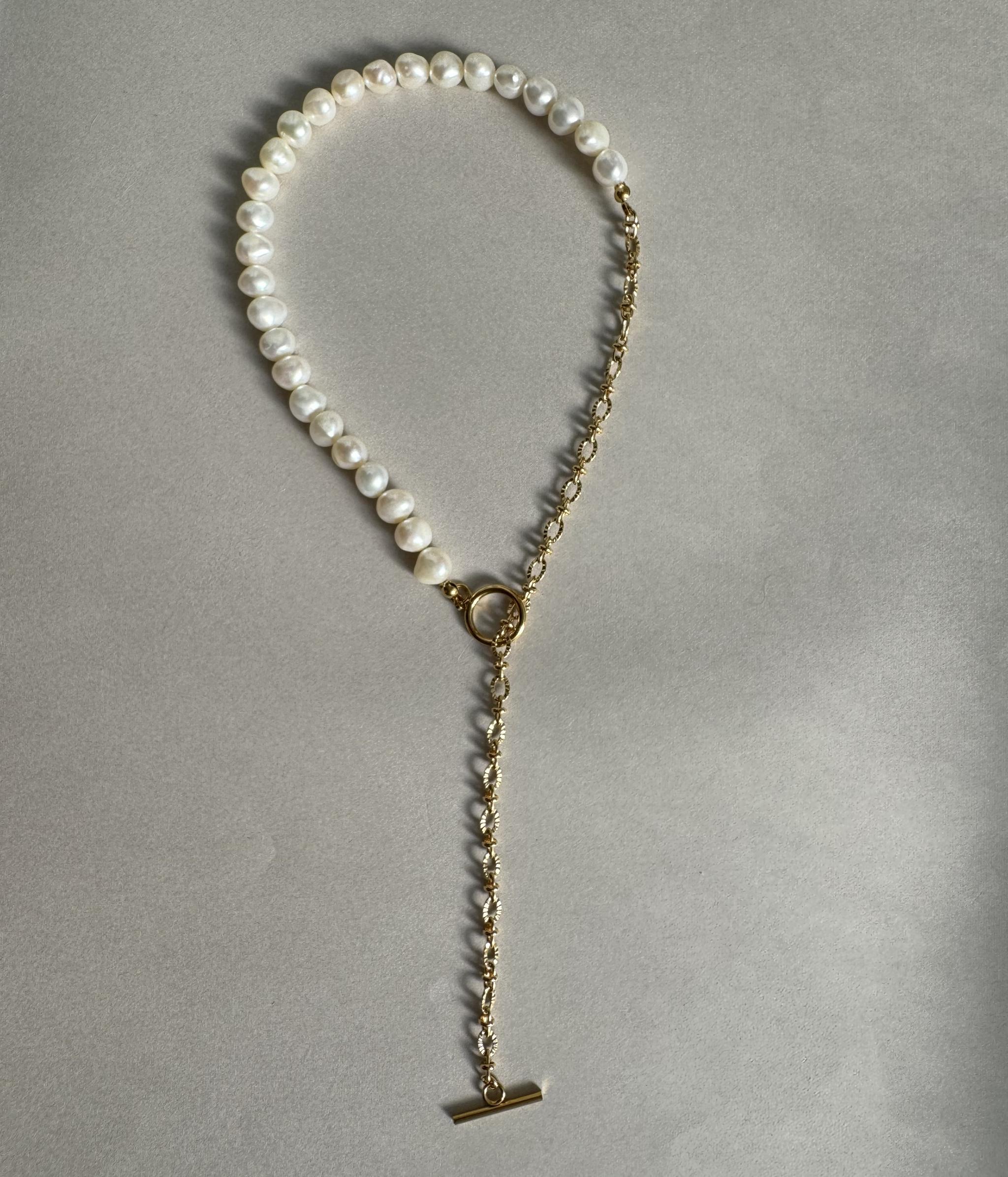 4way 淡水パール × Sunburst Link Chain マンテルネックレス|7-8mm|ステンレス製|2色 | 10枚目