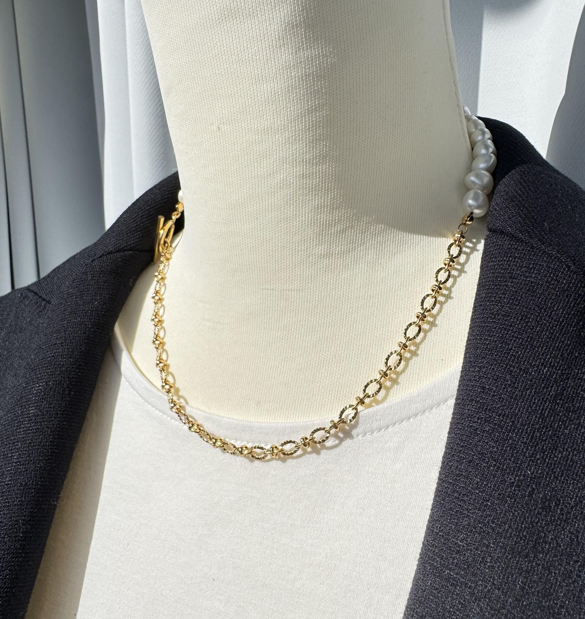 4way 淡水パール × Sunburst Link Chain マンテルネックレス|7-8mm|ステンレス製|2色 | 12枚目