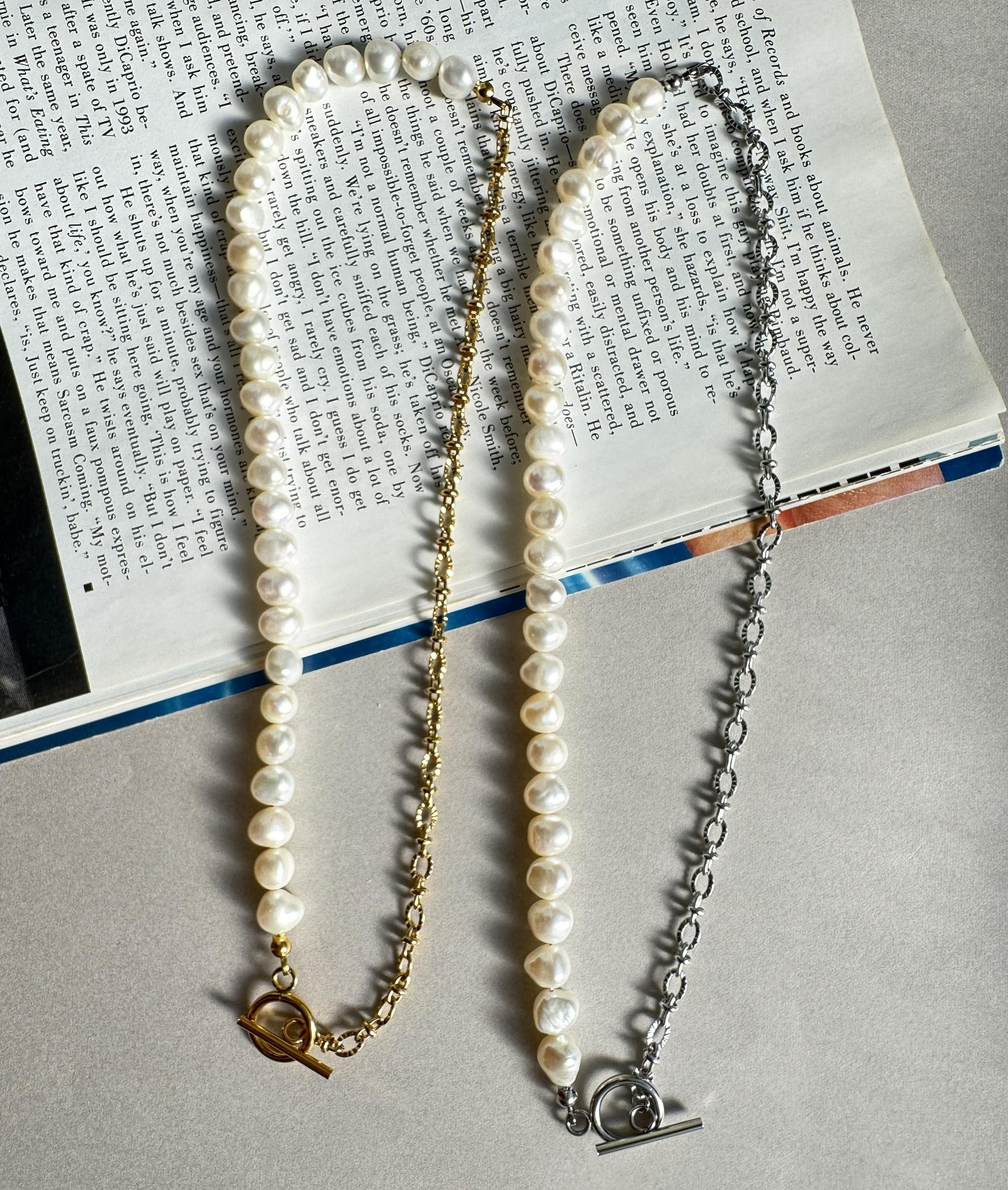 4way 淡水パール × Sunburst Link Chain マンテルネックレス|7-8mm|ステンレス製|2色 | 2枚目