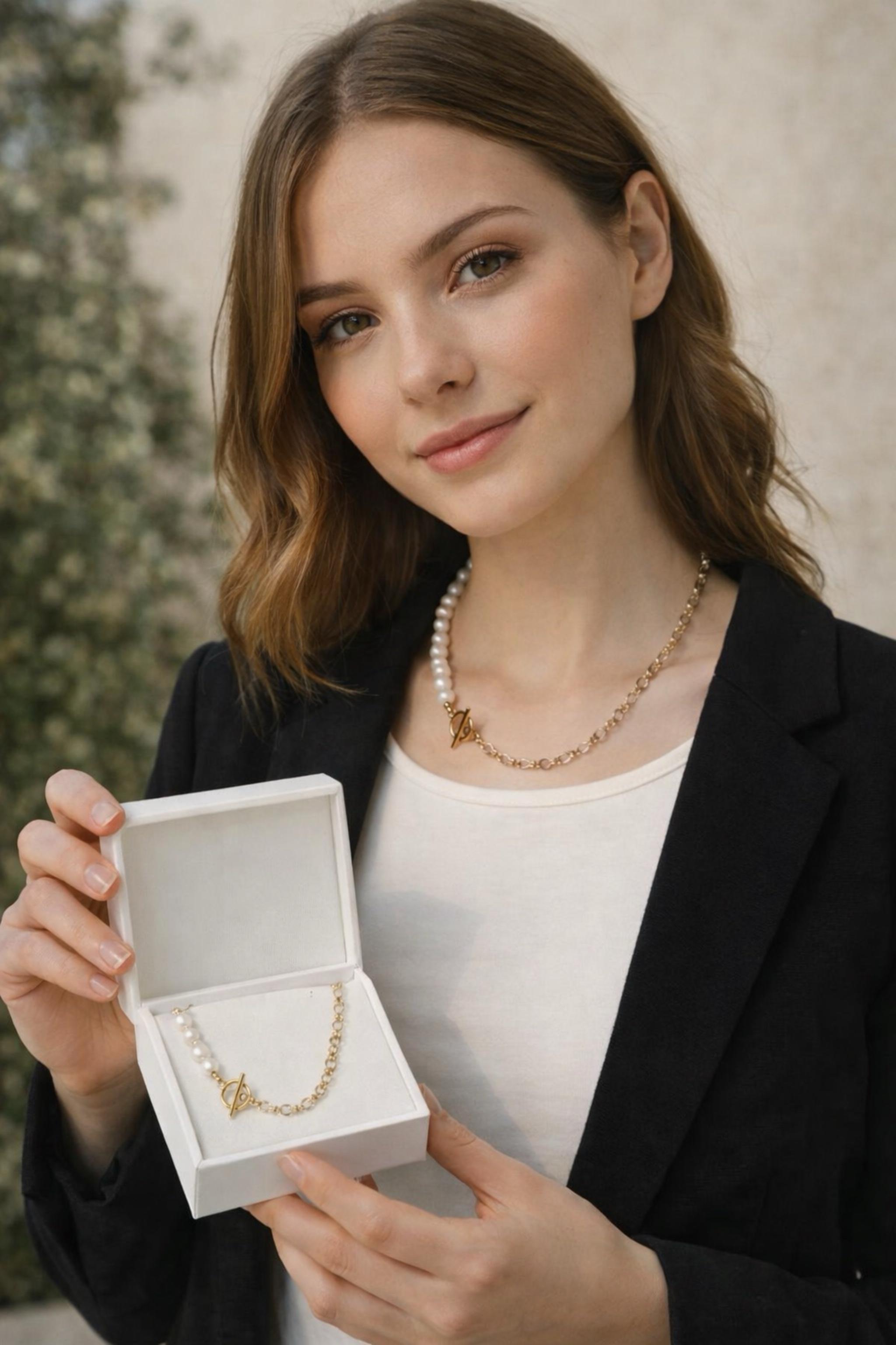 4way 淡水パール × Sunburst Link Chain マンテルネックレス|7-8mm|ステンレス製|2色 | 3枚目