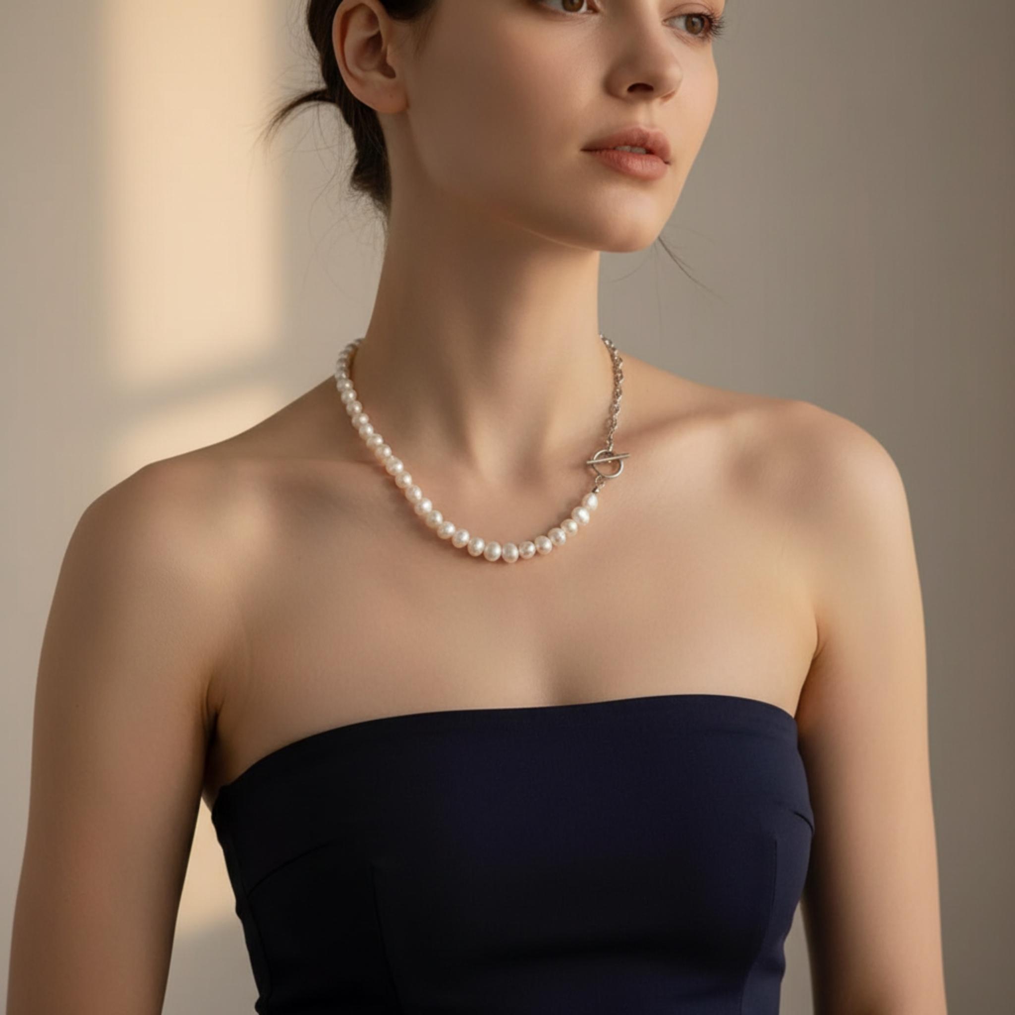 4way 淡水パール × Sunburst Link Chain マンテルネックレス|7-8mm|ステンレス製|2色 | 4枚目