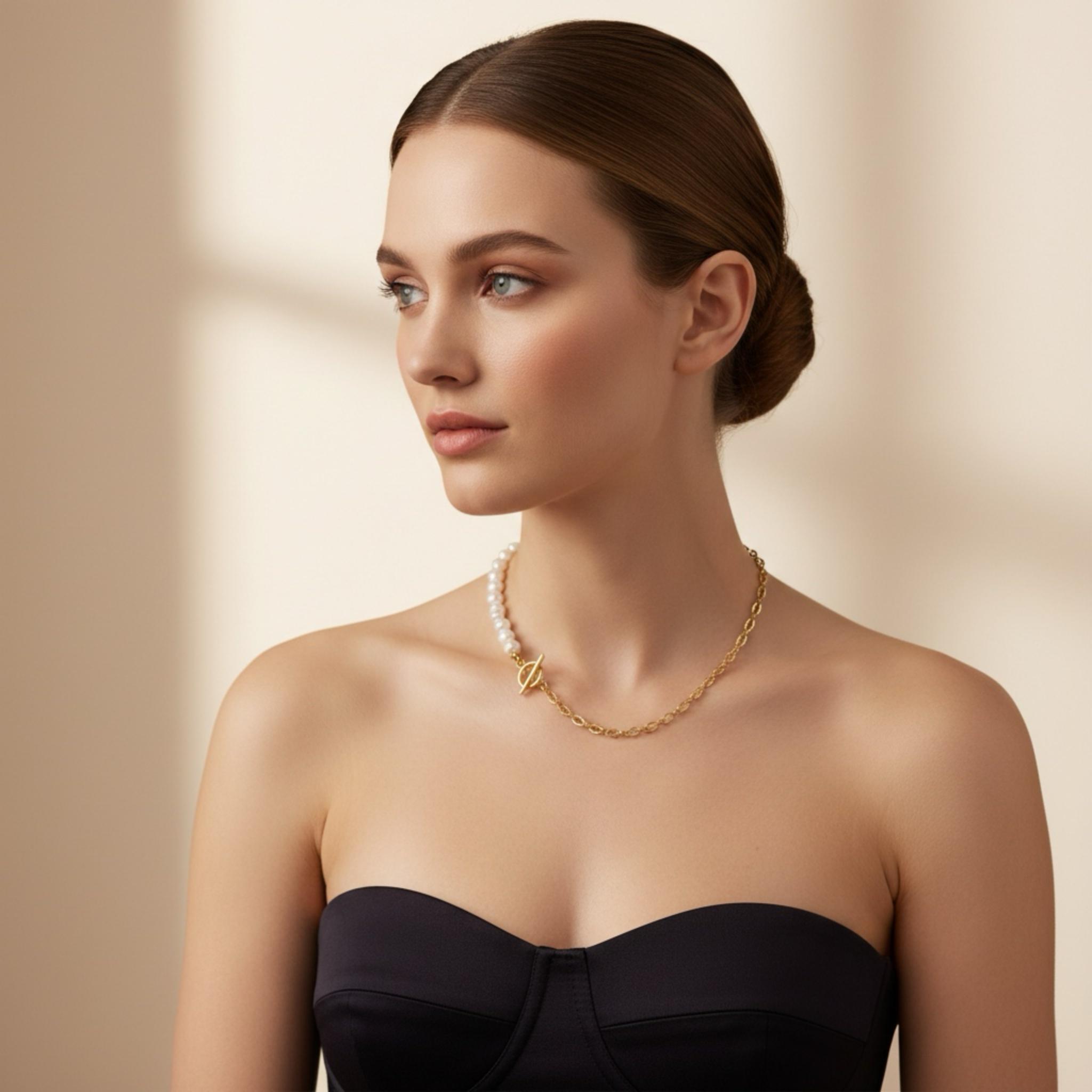 4way 淡水パール × Sunburst Link Chain マンテルネックレス|7-8mm|ステンレス製|2色 | 5枚目