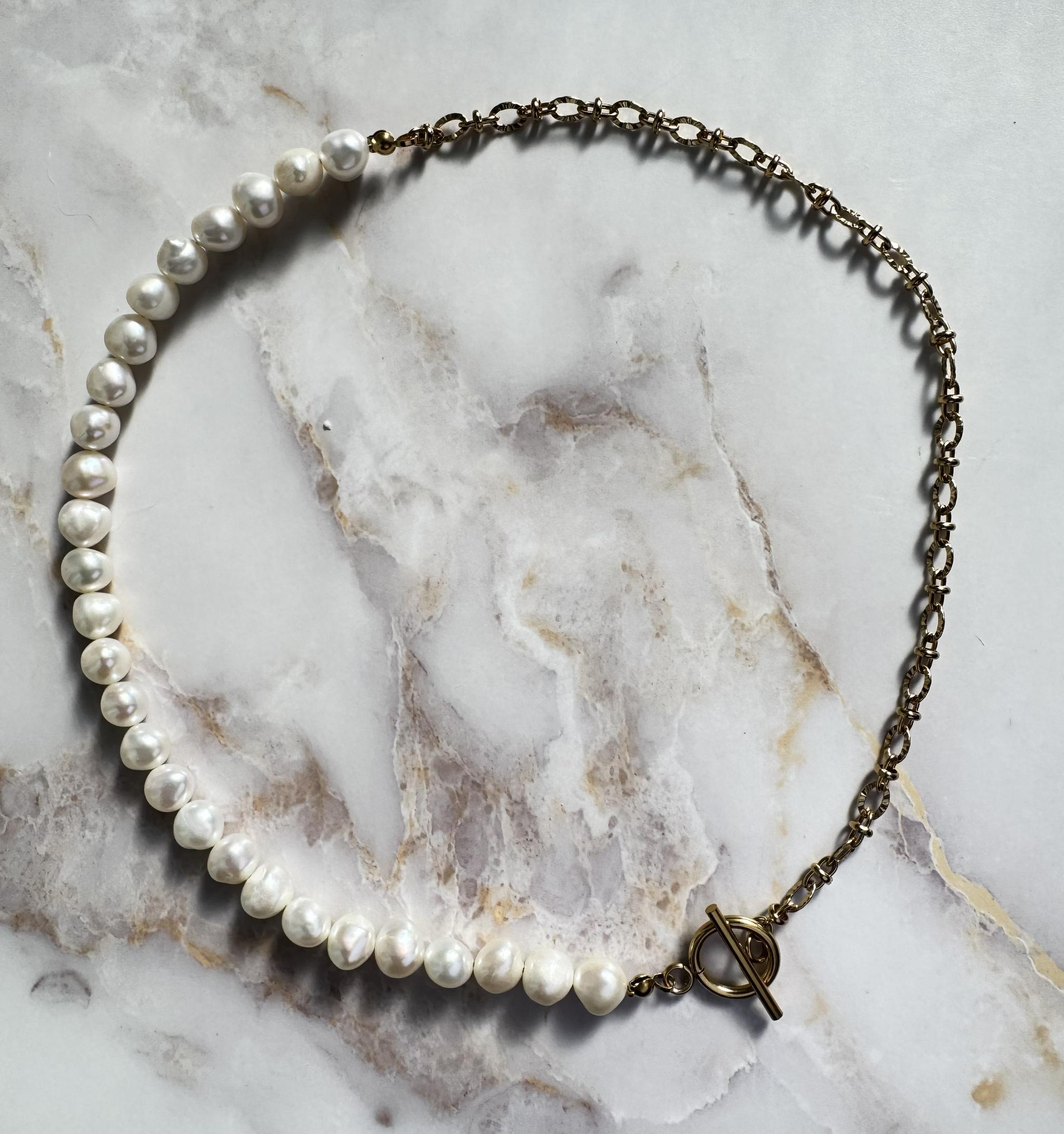 4way 淡水パール × Sunburst Link Chain マンテルネックレス|7-8mm|ステンレス製|2色 | 6枚目