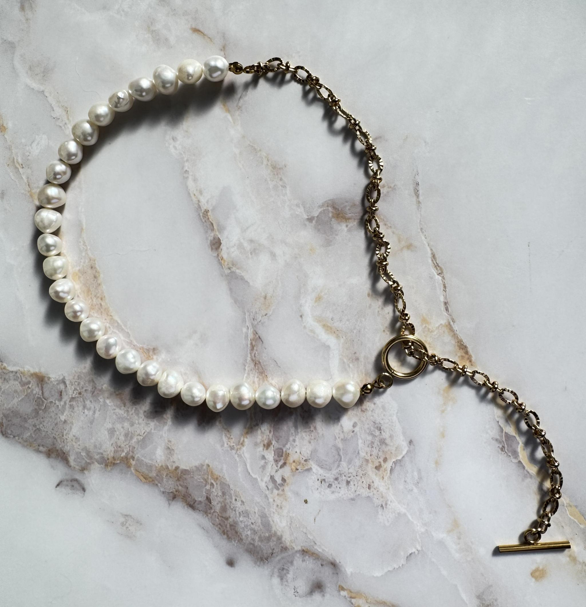 4way 淡水パール × Sunburst Link Chain マンテルネックレス|7-8mm|ステンレス製|2色 | 7枚目