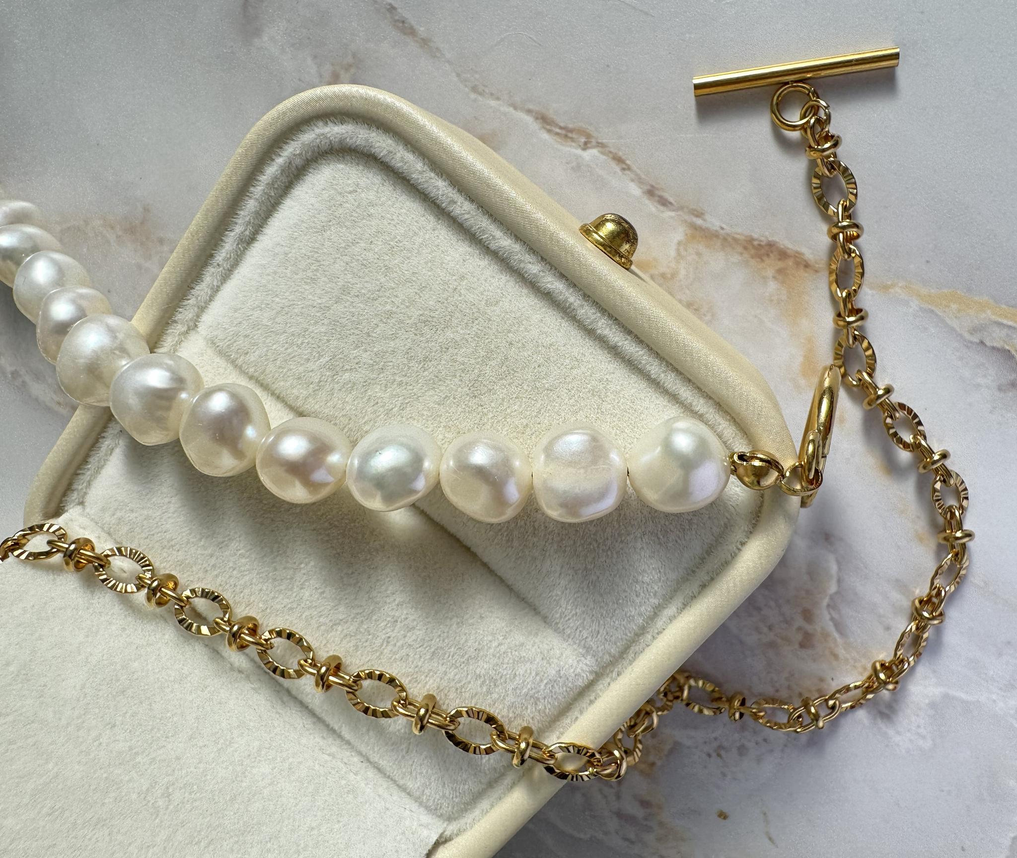 4way 淡水パール × Sunburst Link Chain マンテルネックレス|7-8mm|ステンレス製|2色 | 8枚目